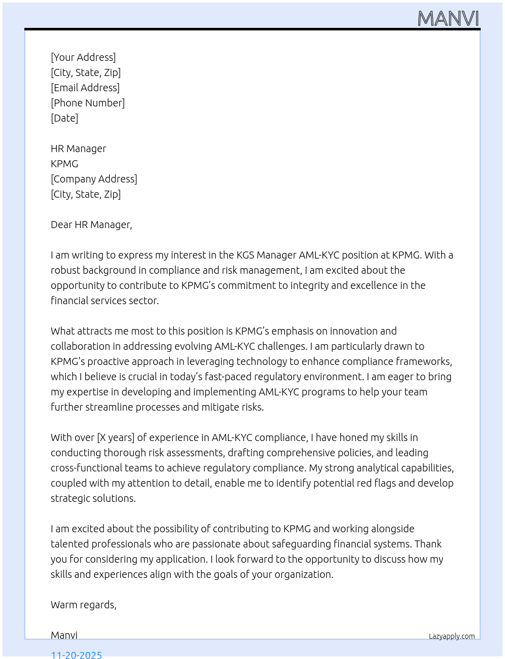 KGS Manager AML-KYC At KPMG Cover Letter