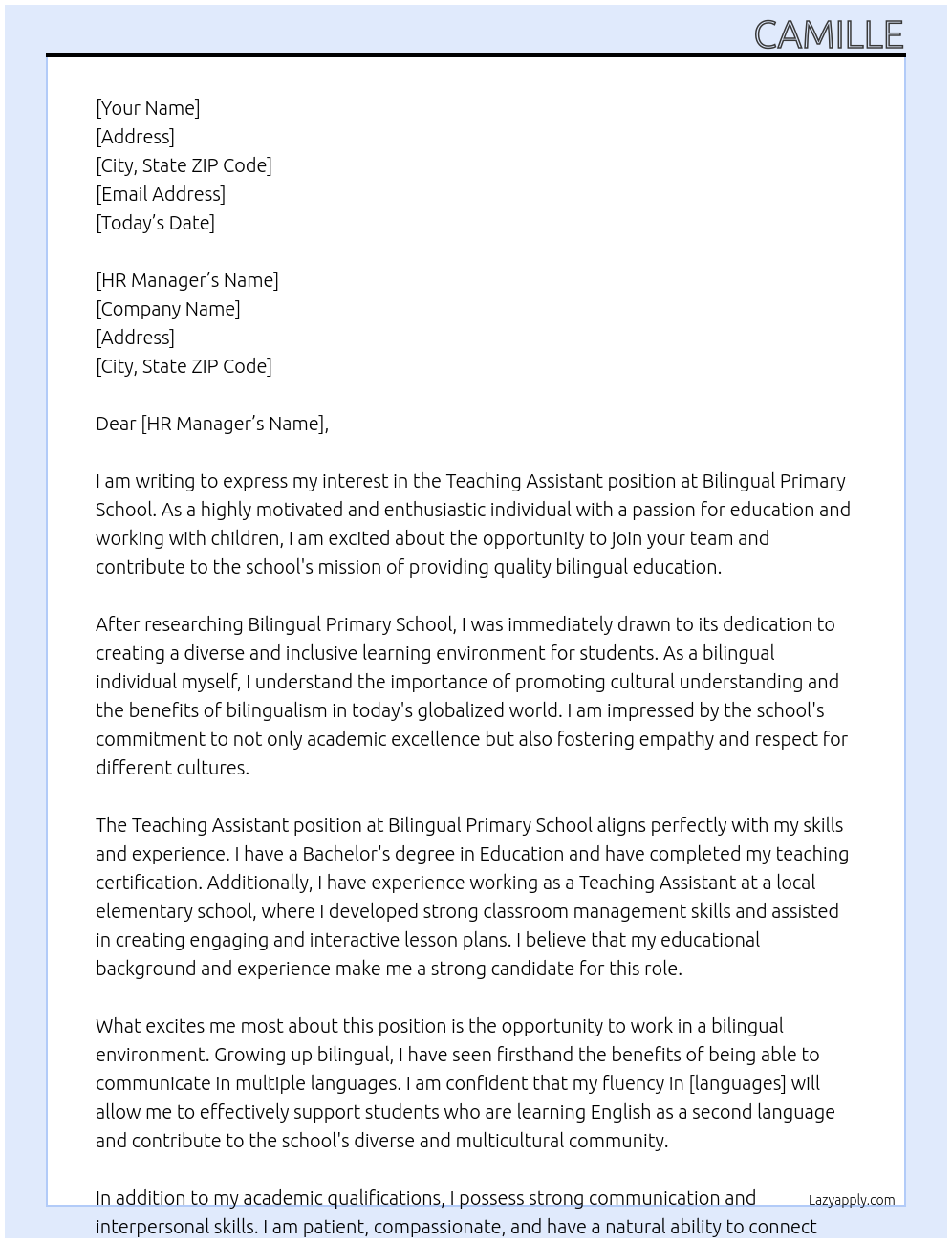 Teaching Assistant At Bilingual Primary School Cover Letter