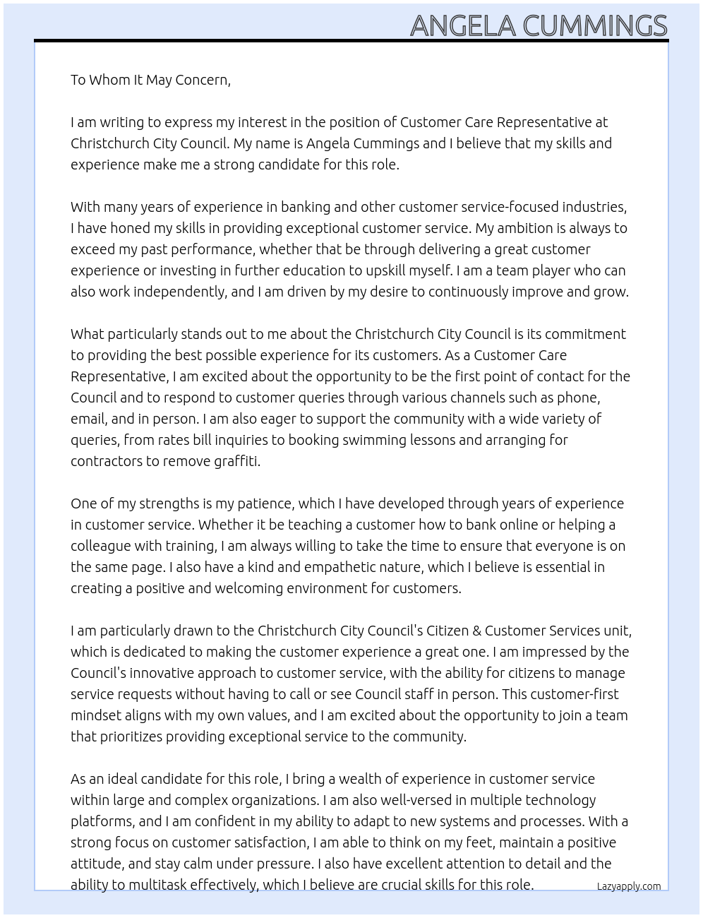 Customer Care Representative At Christchurch City Council  Cover Letter