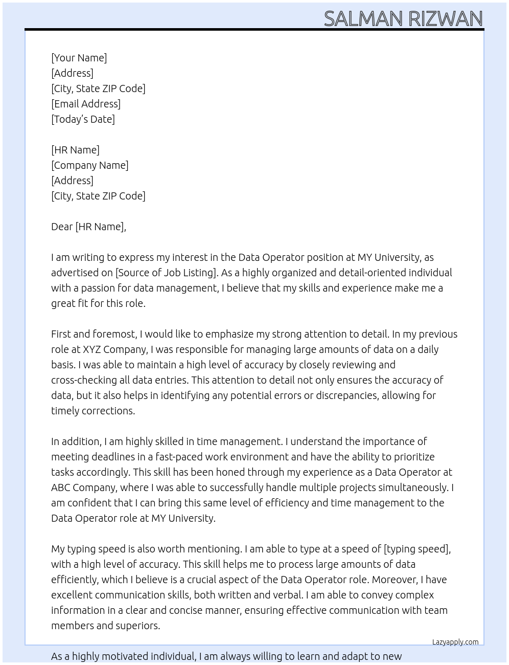 Data Operator At MY University Cover Letter