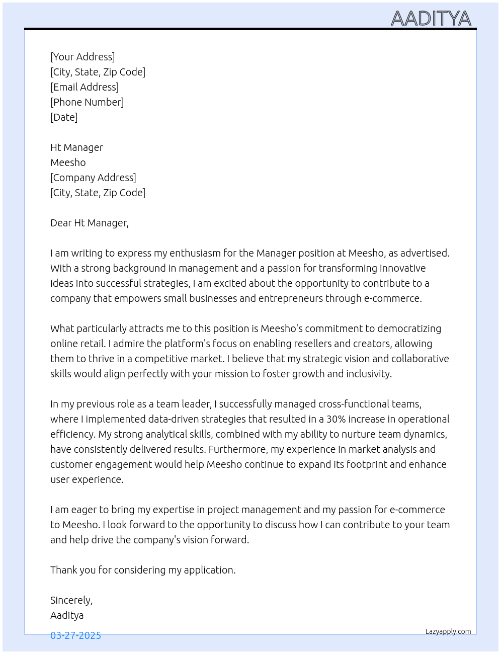 Manager  At Meesho  Cover Letter