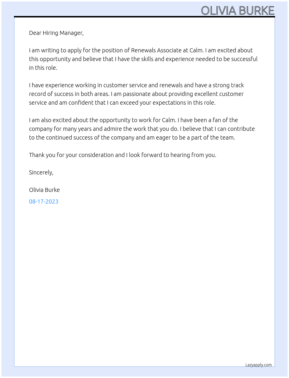 Renewals Associate At Calm Cover Letter