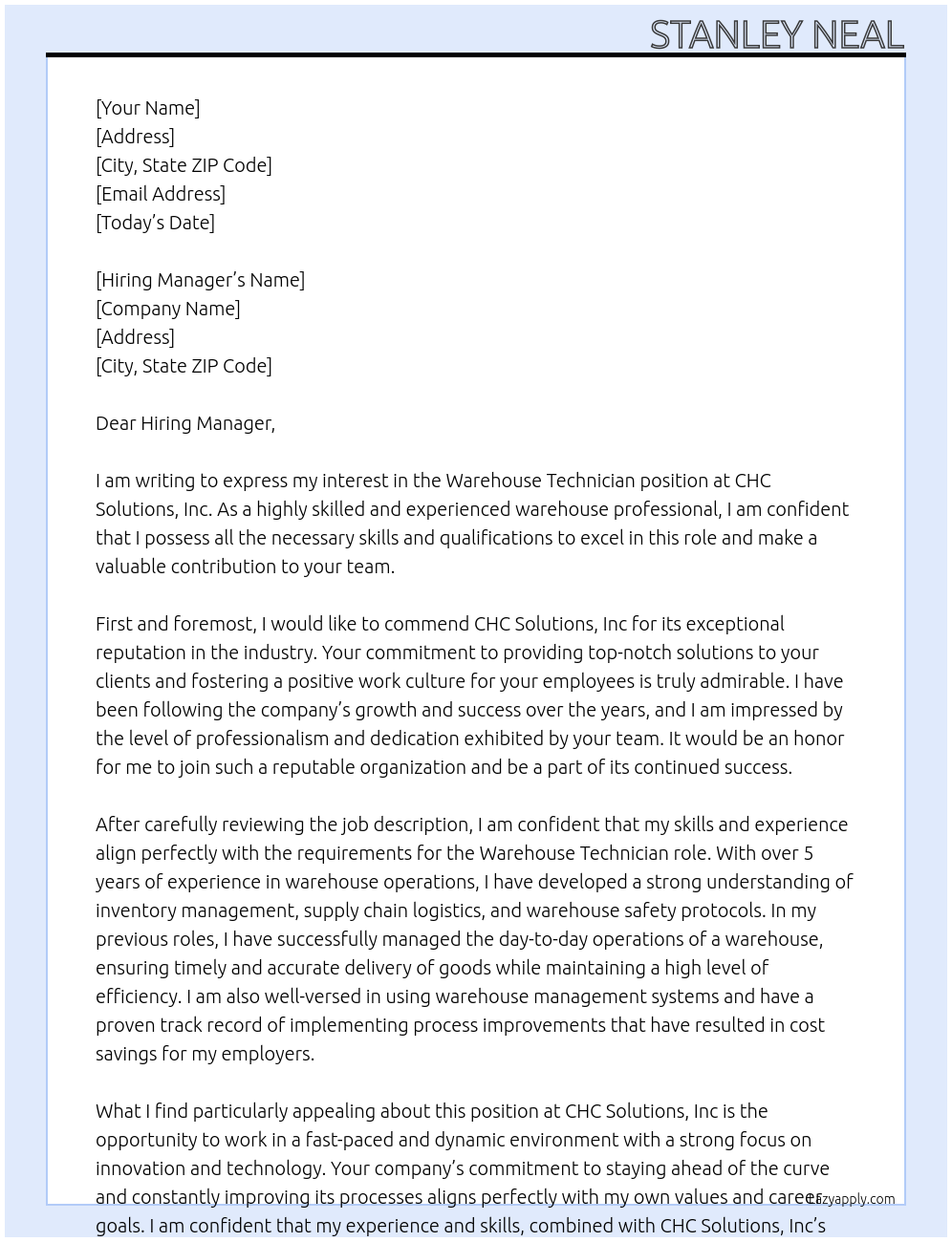 Cover letter for warehouse technician - LazyApply