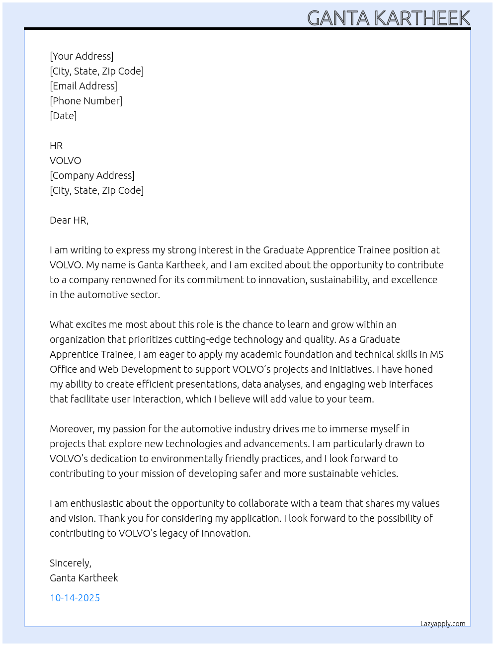 Cover letter for graduate apprentice trainee - LazyApply