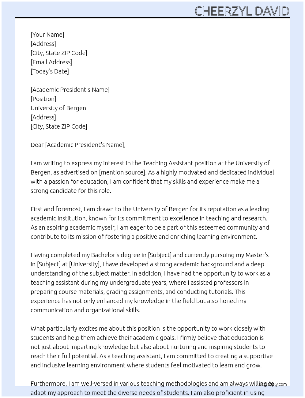 Teaching Assistant At University of Bergen Cover Letter