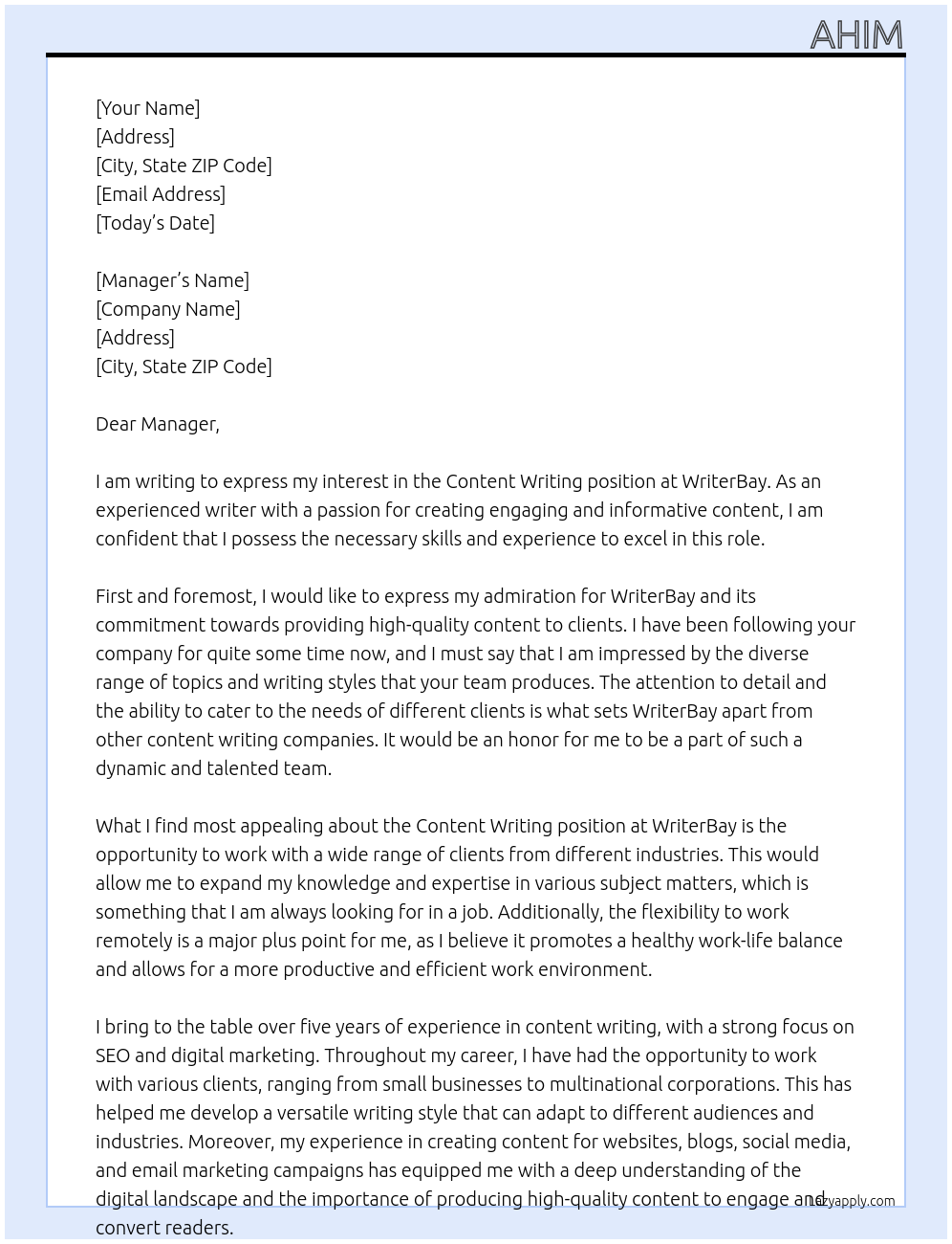 Content writing At WRITERBAY Cover Letter