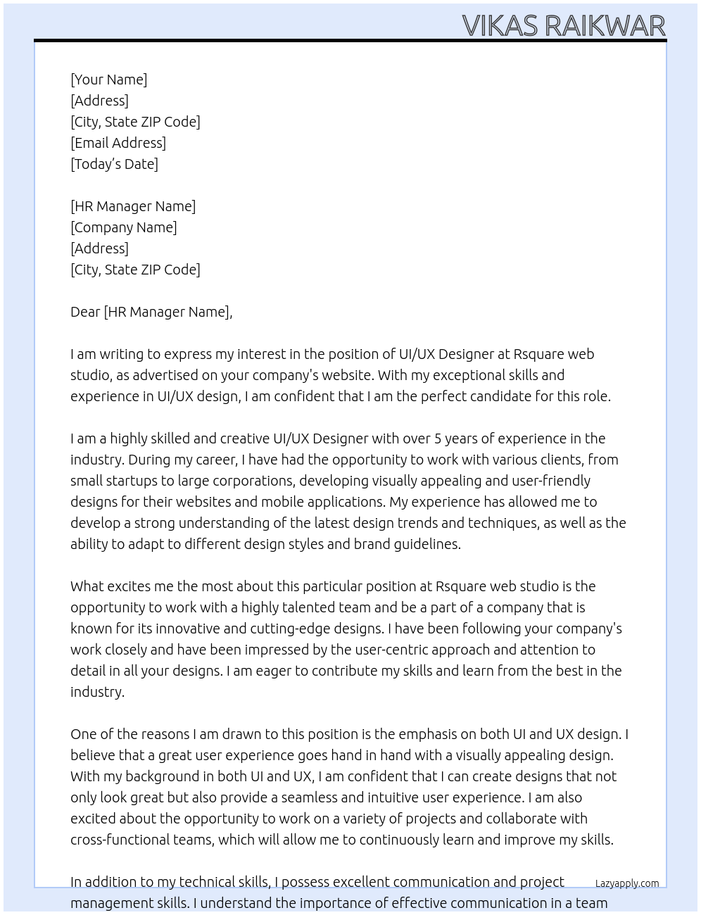 UI/UX Designer At Rsquare web studio Cover Letter