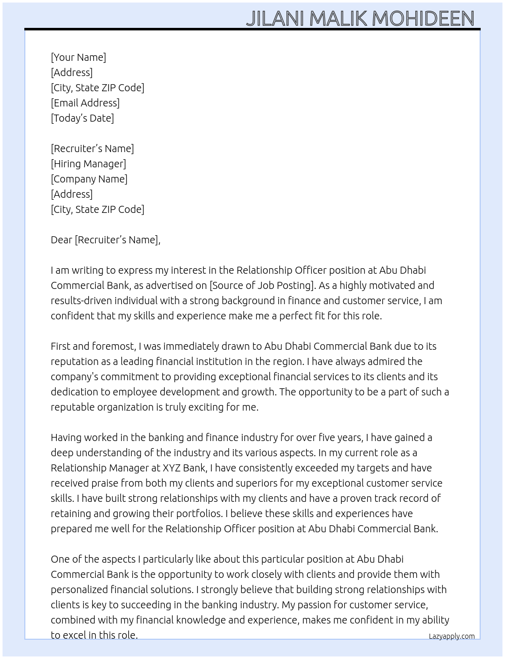 Relationship officer At Abu Dhabi Commercial Bank Cover Letter