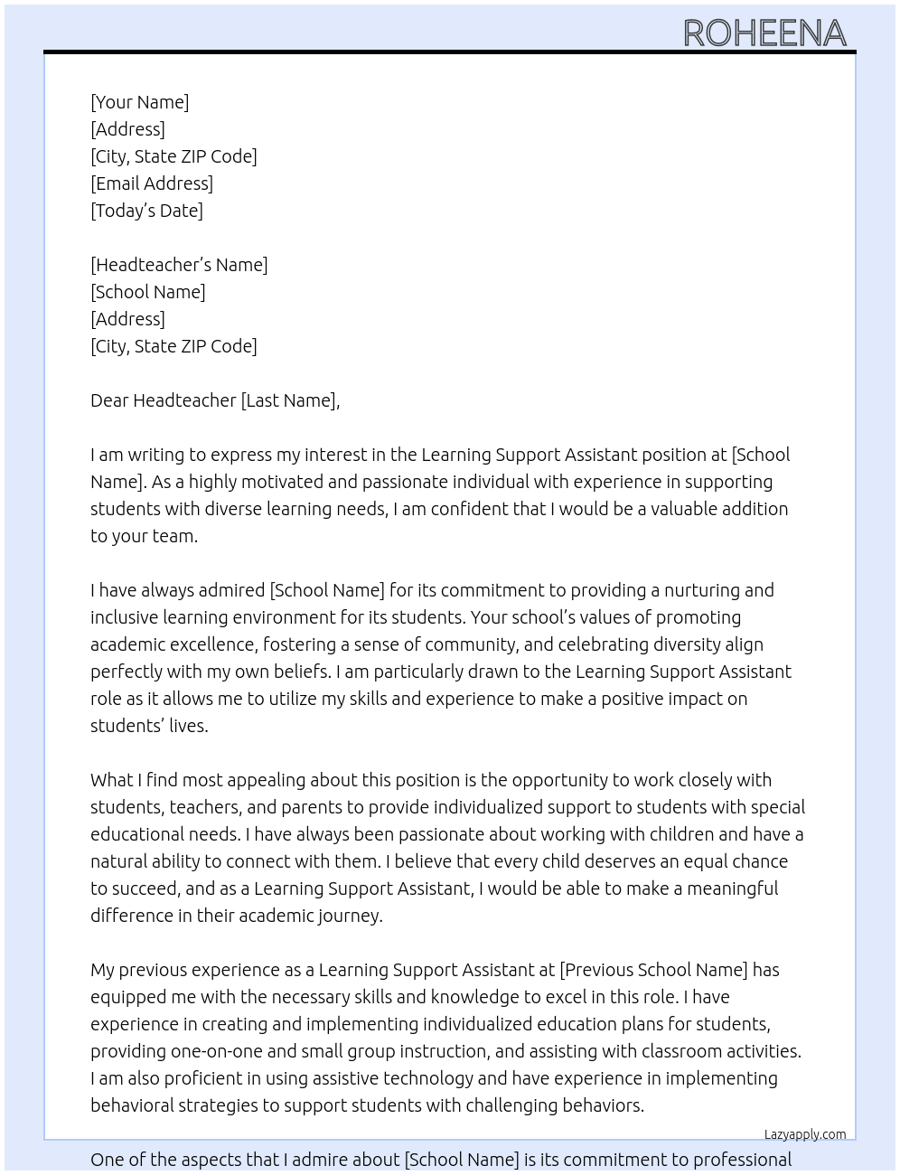 learning support assistant At school Cover Letter