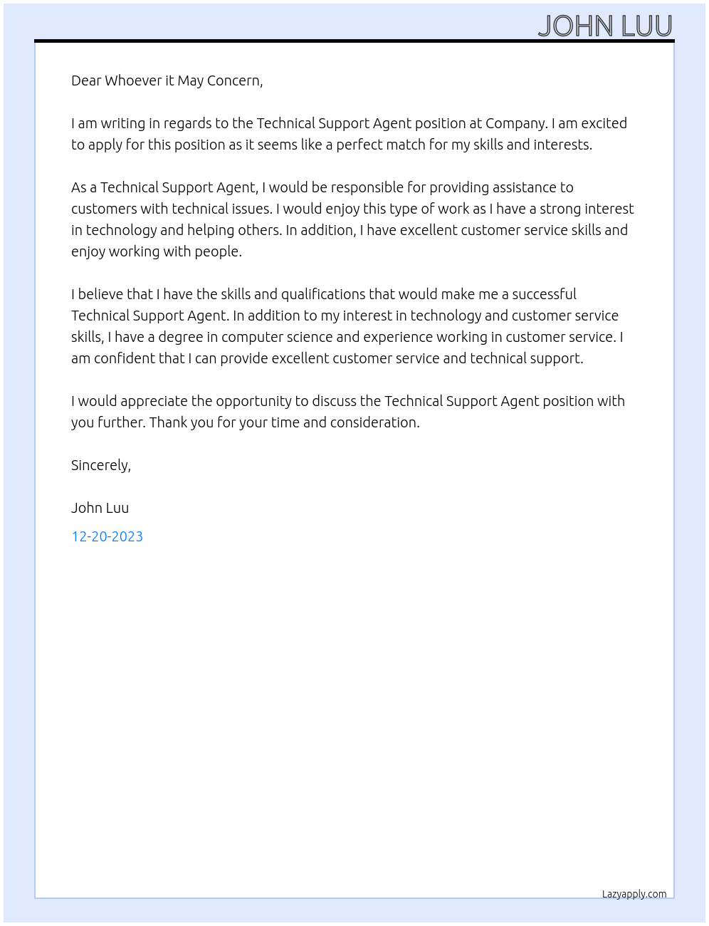 Technical Support Agent At Company Cover Letter
