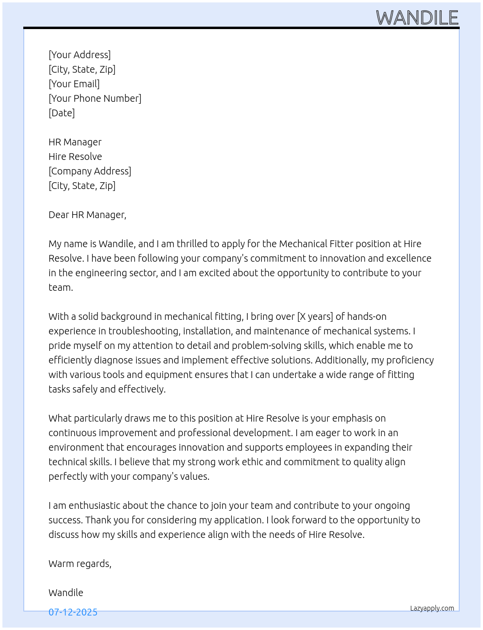 Mechanical Fitter At hire resolve Cover Letter