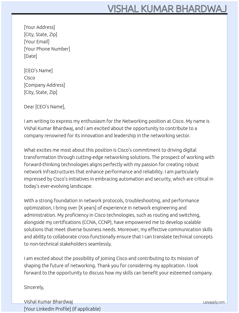 Netwoking At Cisco Cover Letter
