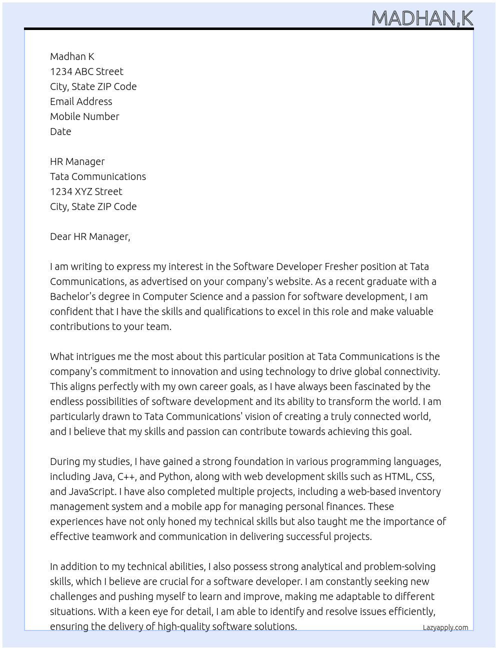software developer fresher At Tata communications Cover Letter
