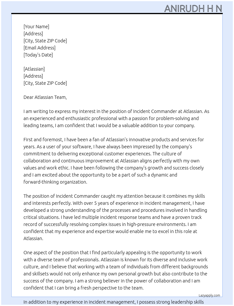 Incident commander At Atlassian Cover Letter