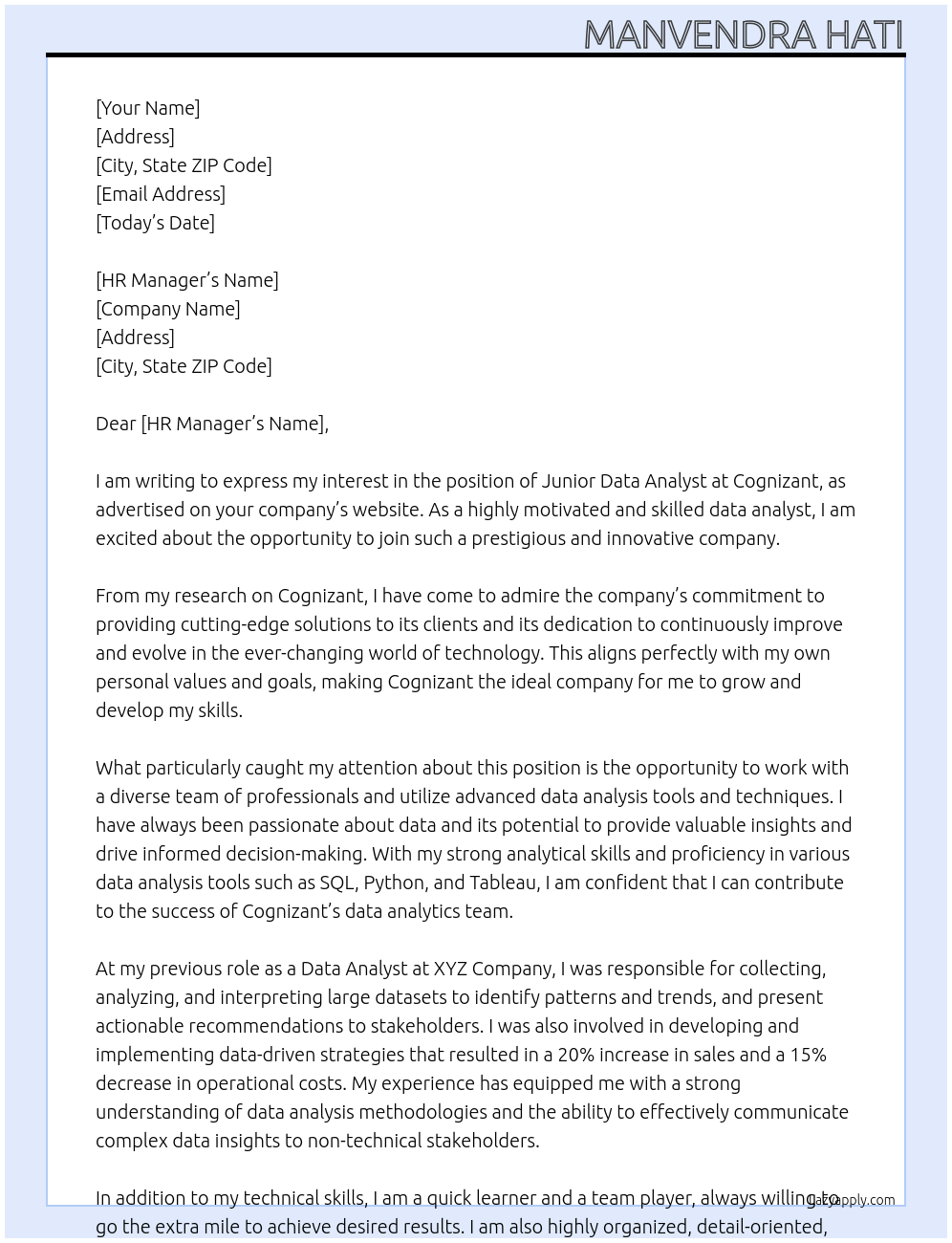 Junior Data Analyst At Cognizant Cover Letter