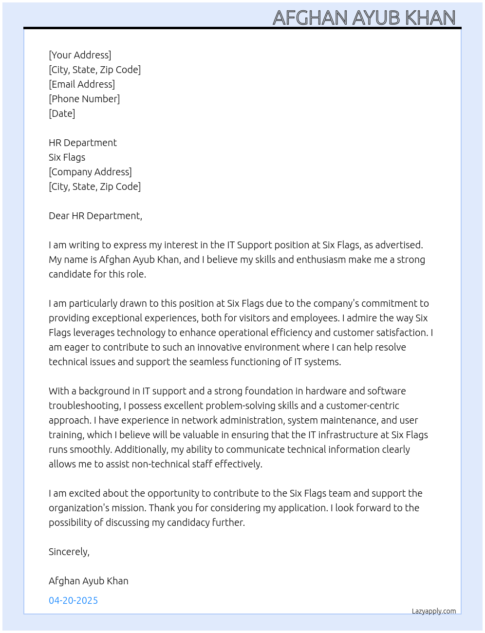 IT support  At Six flags  Cover Letter