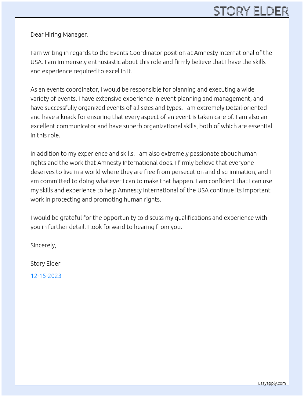 Events Coordinator At AMNESTY INTERNATIONAL OF THE USA Cover Letter