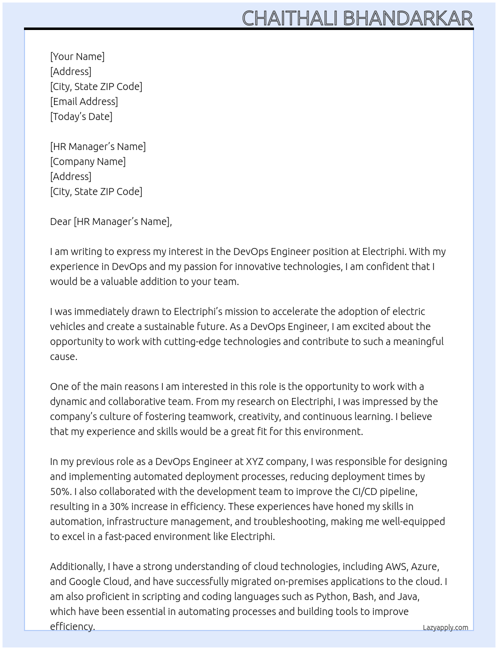 DevOps Engineer At Electriphi Cover Letter