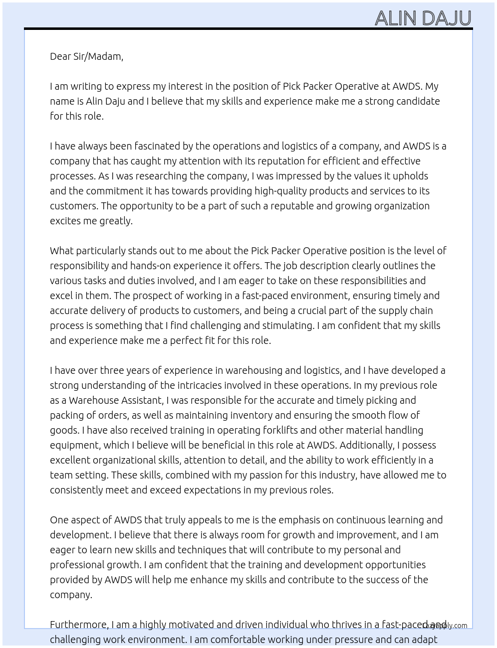 Pick packer operative At AWDS Cover Letter