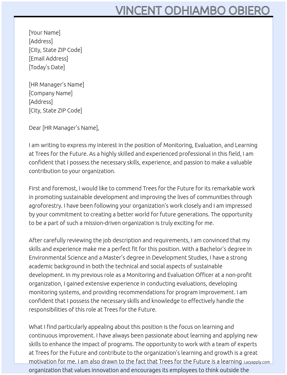 Monitoring, evaluation and learning  At Trees for the future  Cover Letter