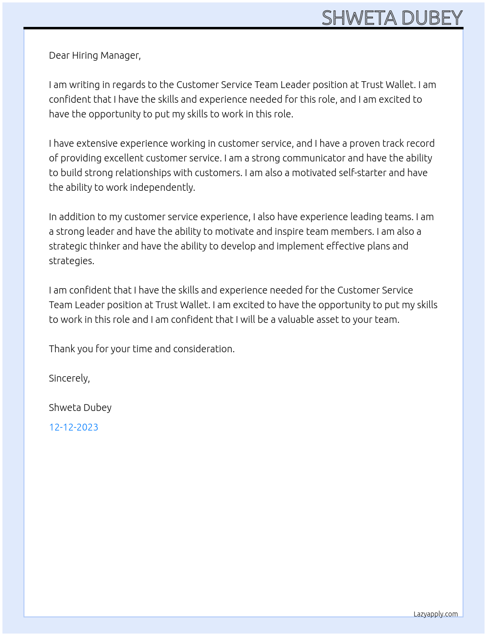 Customer Service Team Leader At Trust Wallet Cover Letter