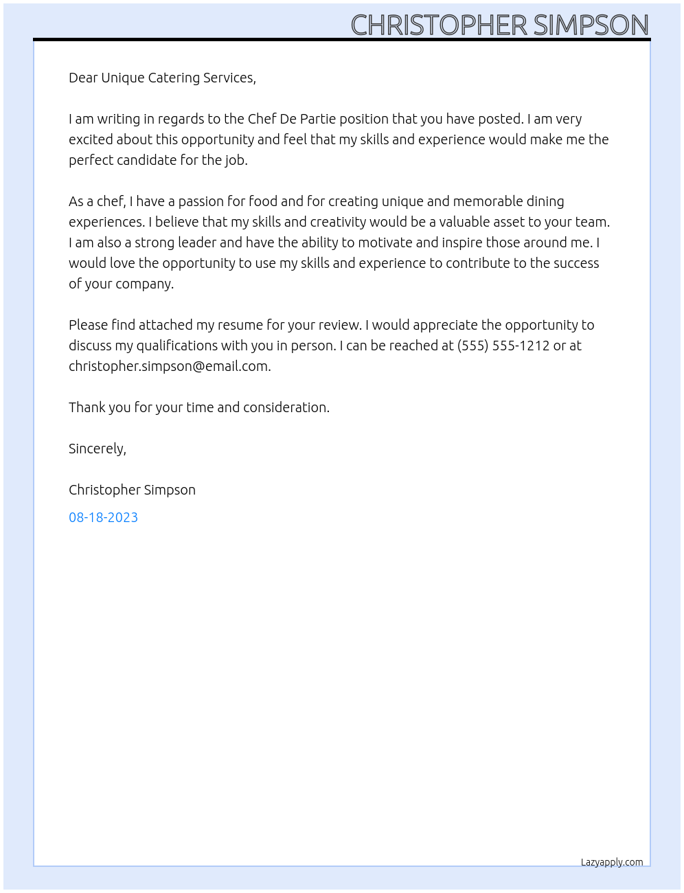 Chef De Partie At Unique Catering Services Cover Letter