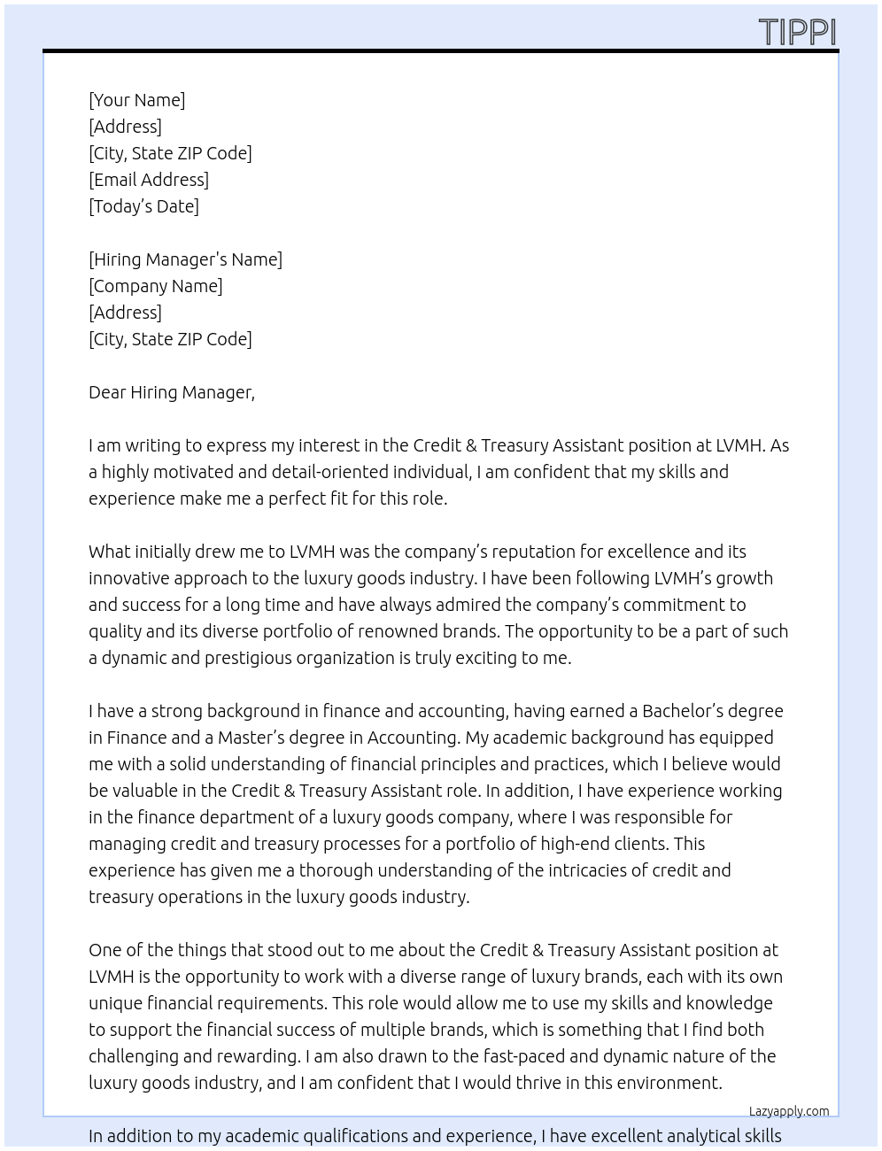 credit & treasury assistant At LVMH Cover Letter