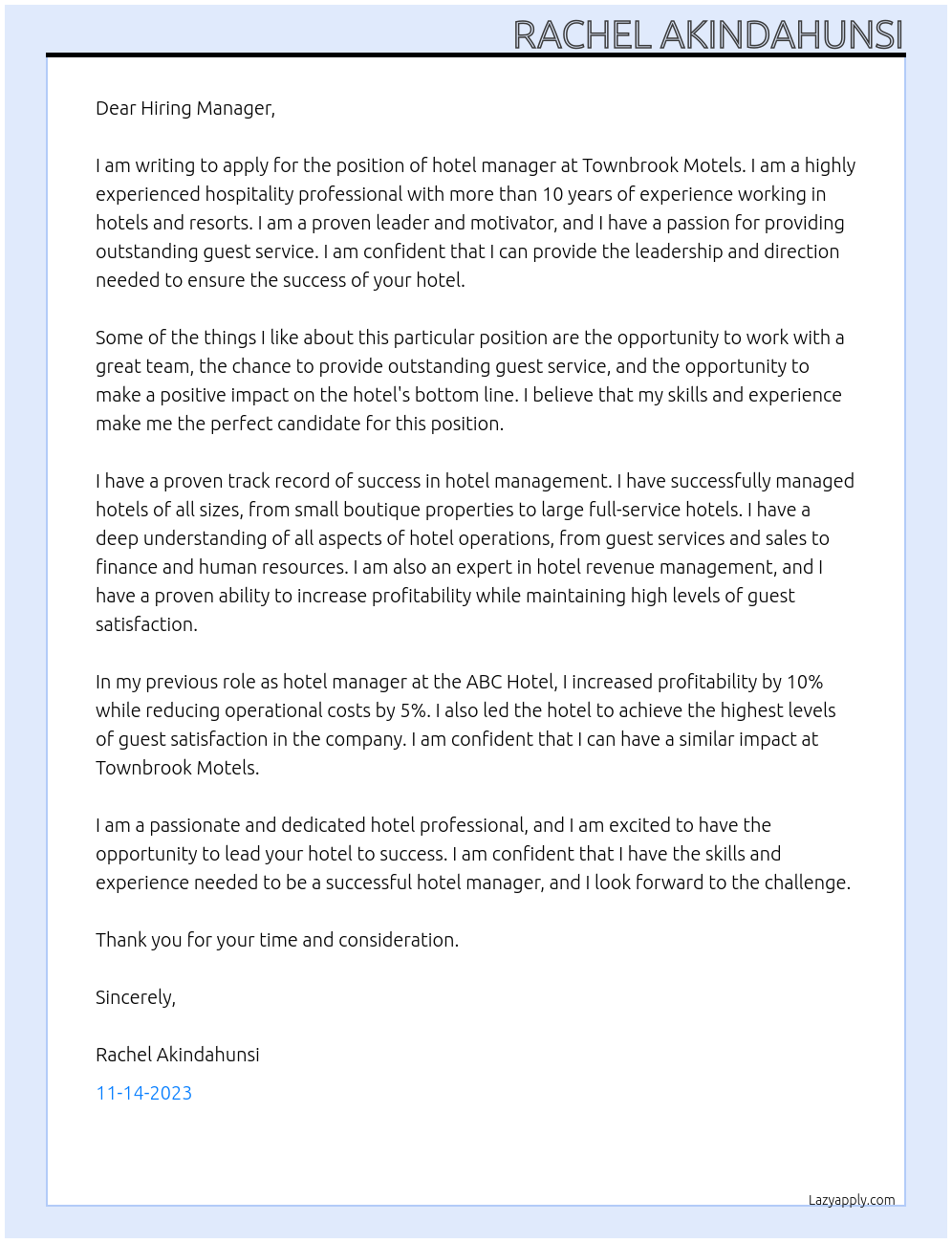 Hotel manager At Townbrook Motels Cover Letter