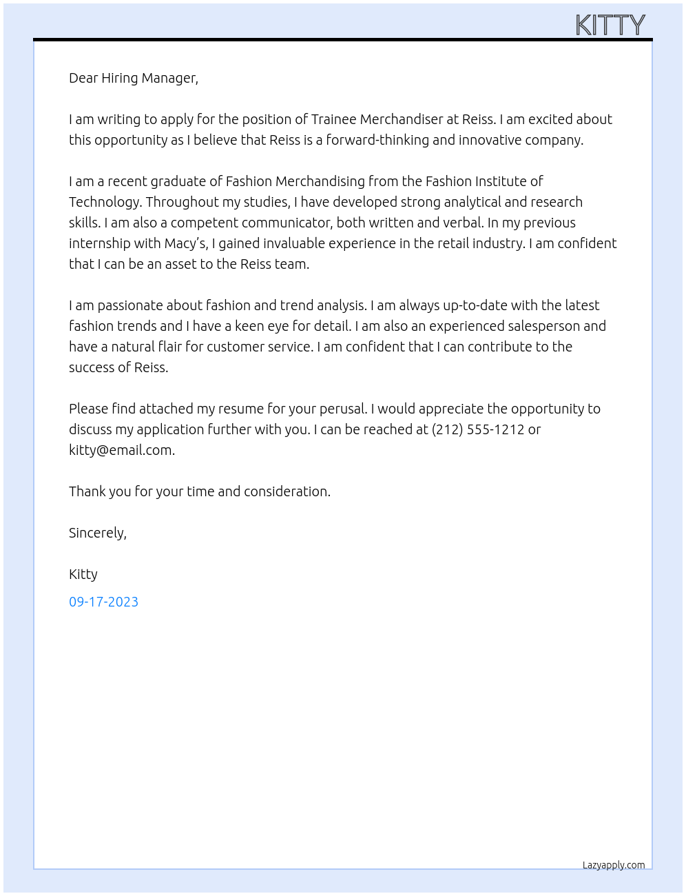 Trainee merchandiser At Reiss Cover Letter