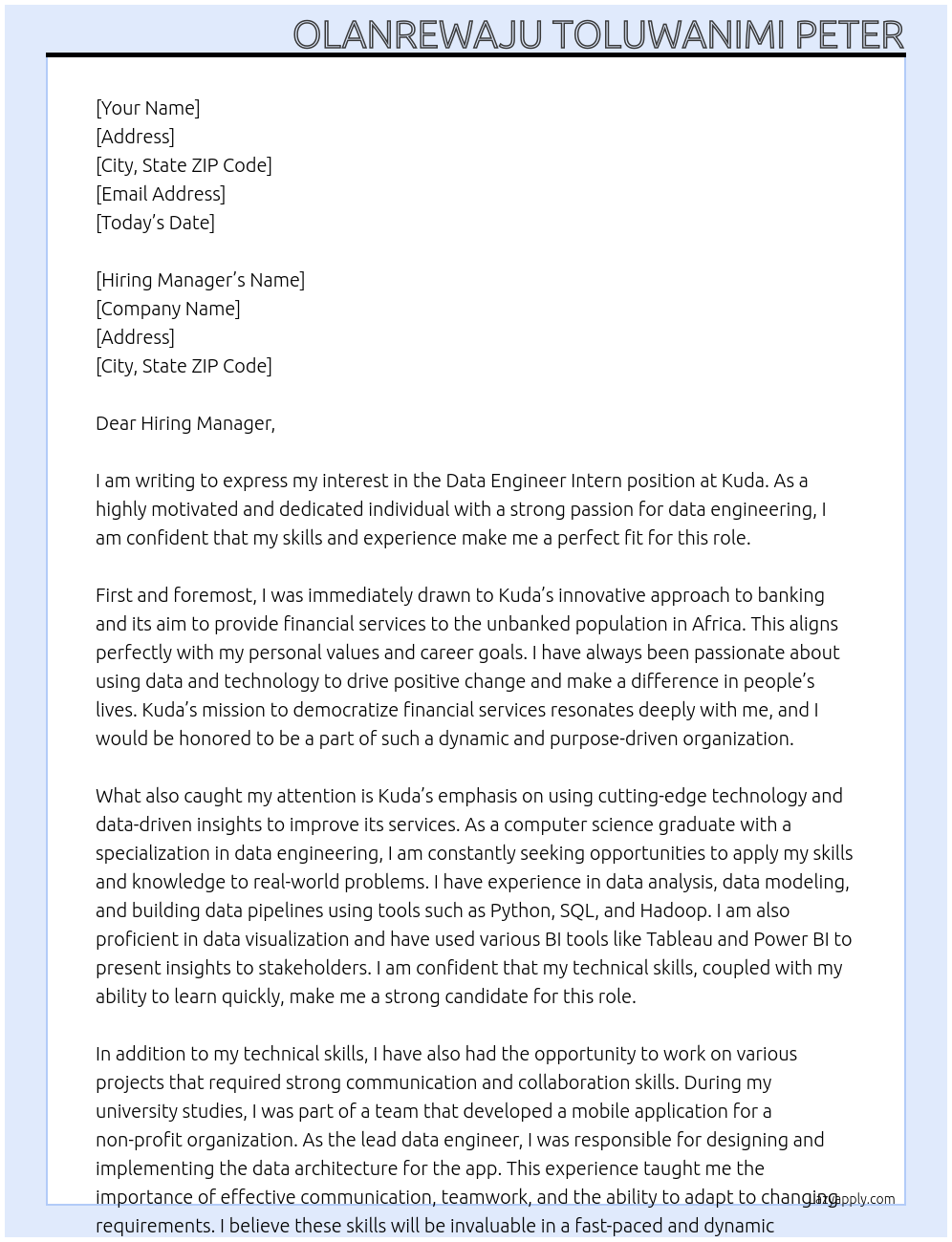 Data Engineer Intern At Kuda Cover Letter