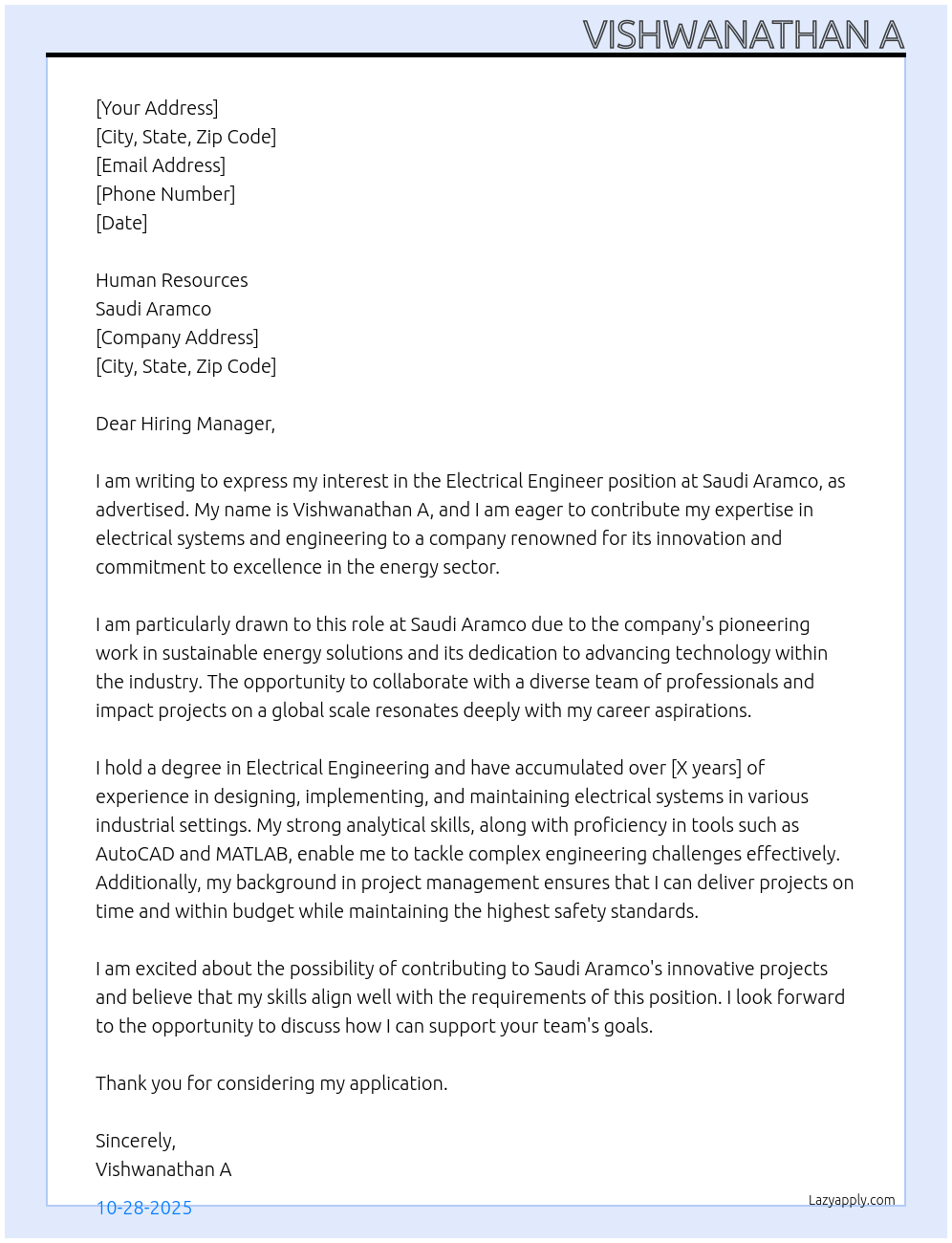 Electrical Engineer  At Saudi Aramco Cover Letter