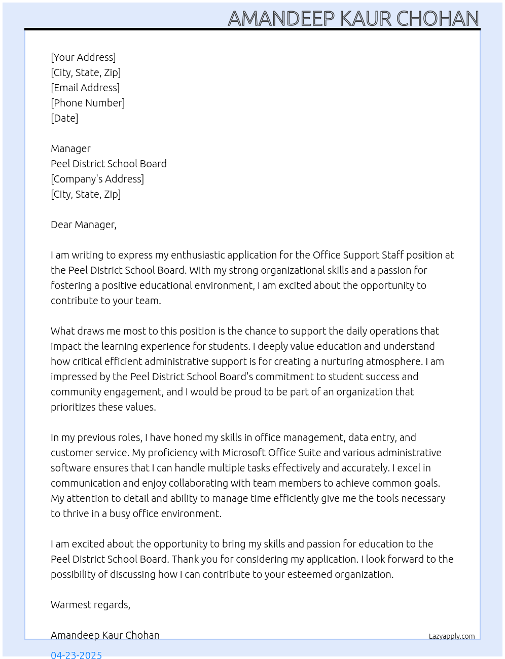 office support staff At peel district school board Cover Letter