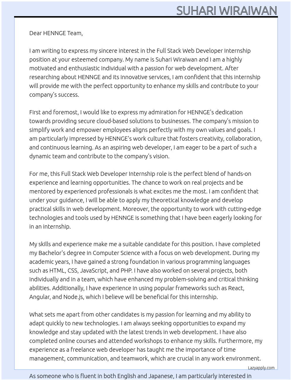 FULL STACK WEB DEVELOPER At HENNGE Cover Letter