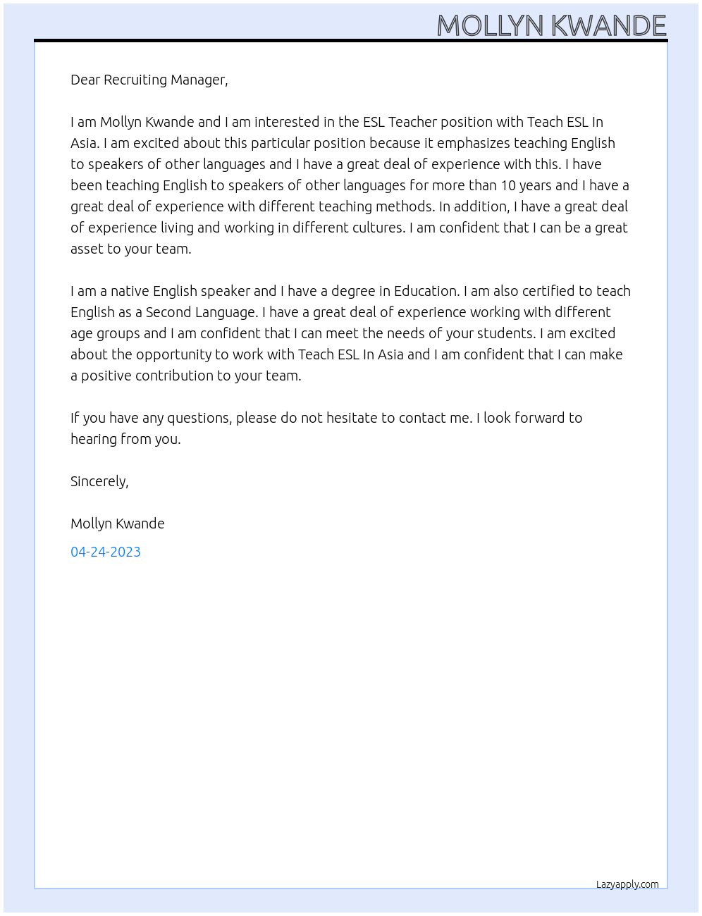 ESL Teacher At Teach ESL In Asia Cover Letter