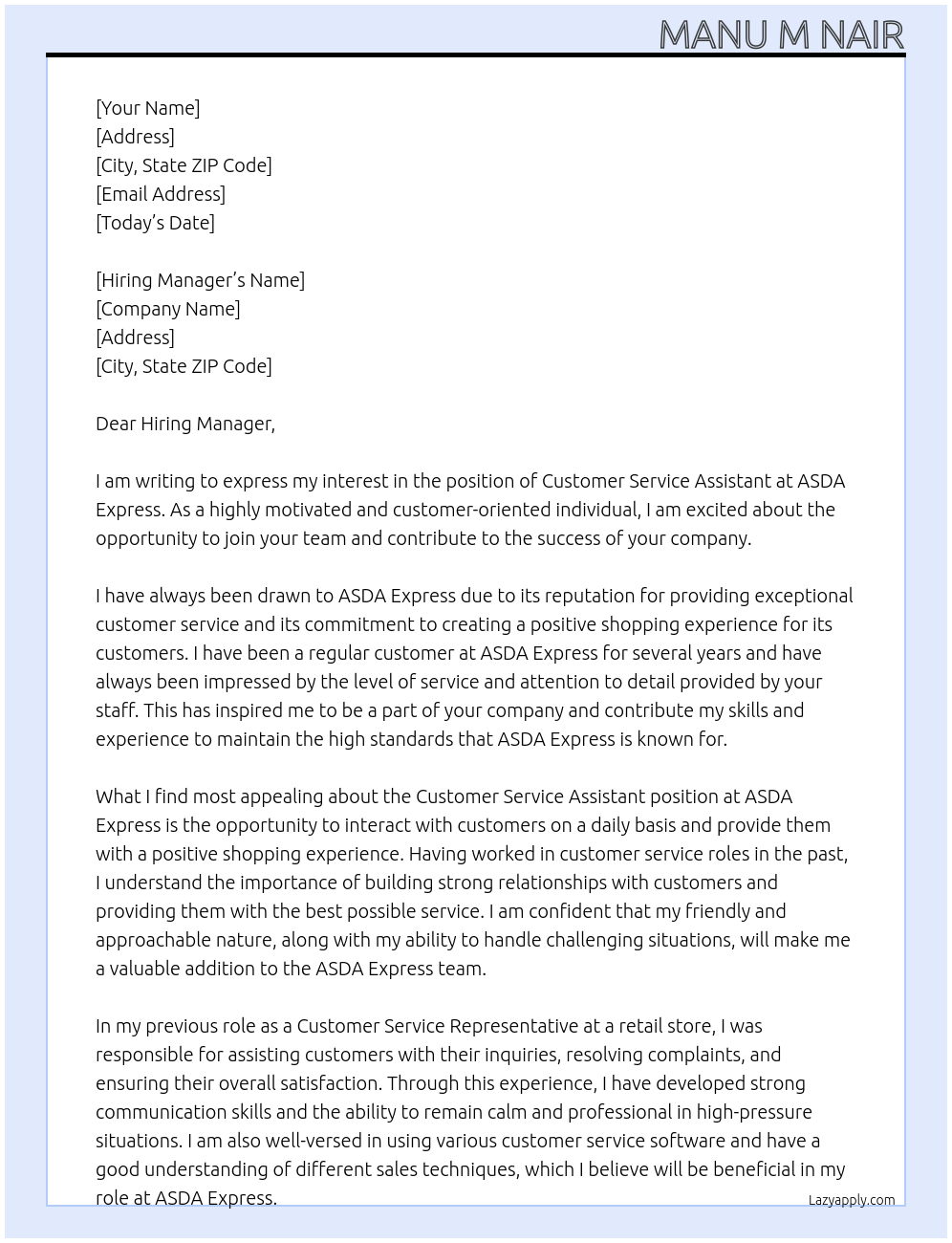 Customer Service Assistant At ASDA Express Cover Letter