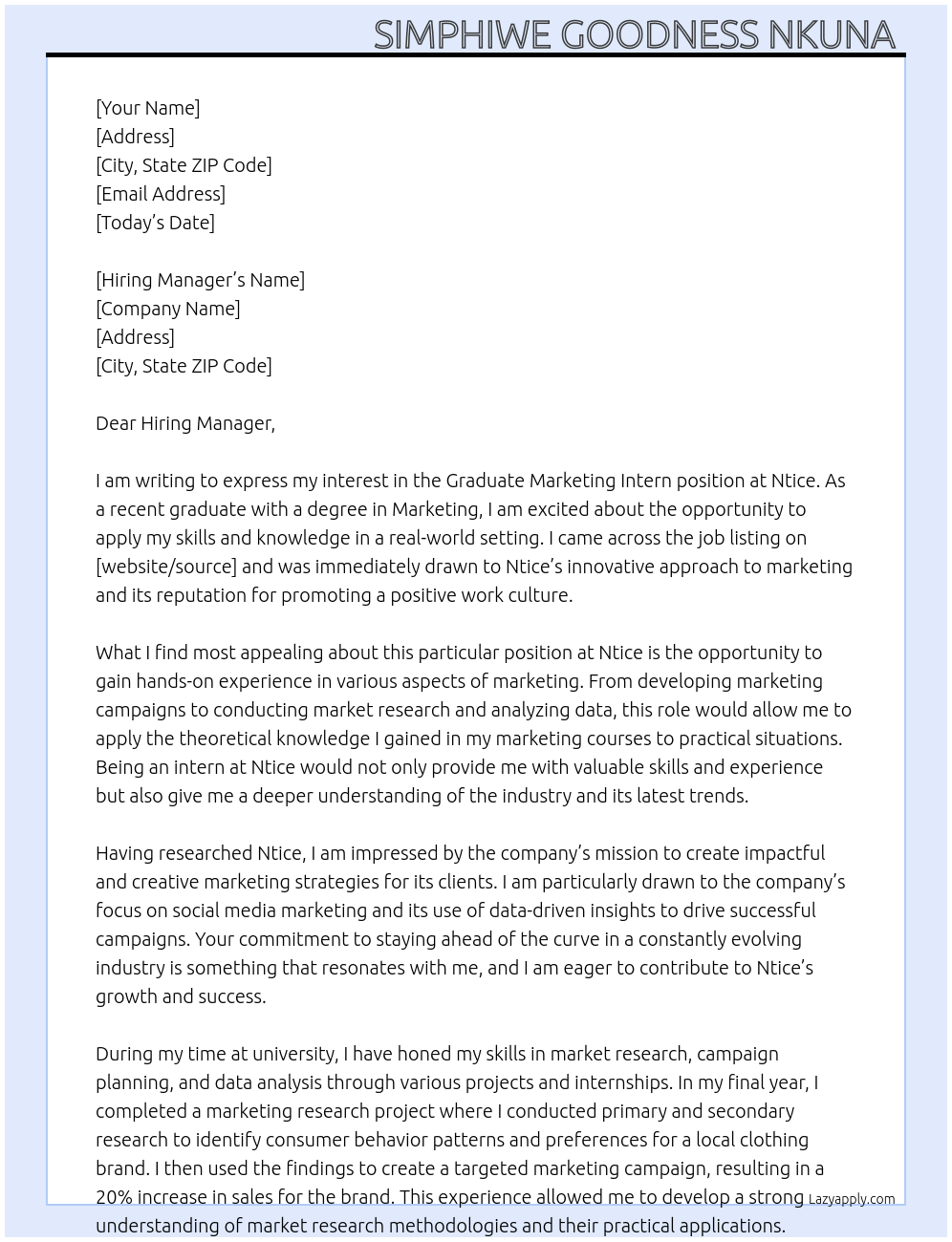 Cover letter for graduate marketing intern - LazyApply