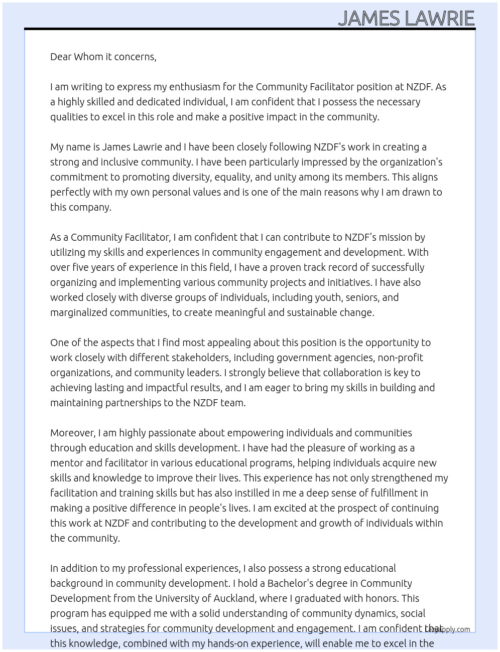 Community Facilitator At NZDF Cover Letter