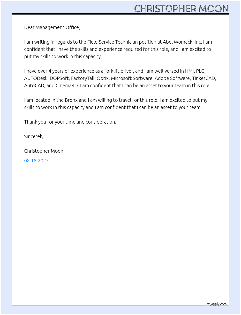 Field Service Technician At Abel Womack, Inc Cover Letter