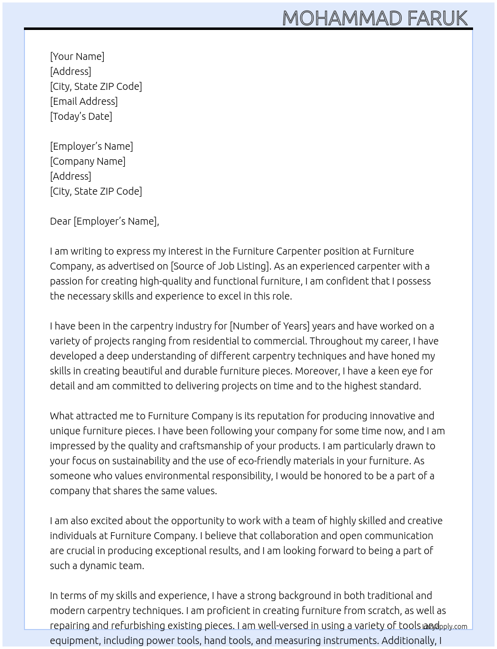 Furniture carpenter At Furniture company  Cover Letter