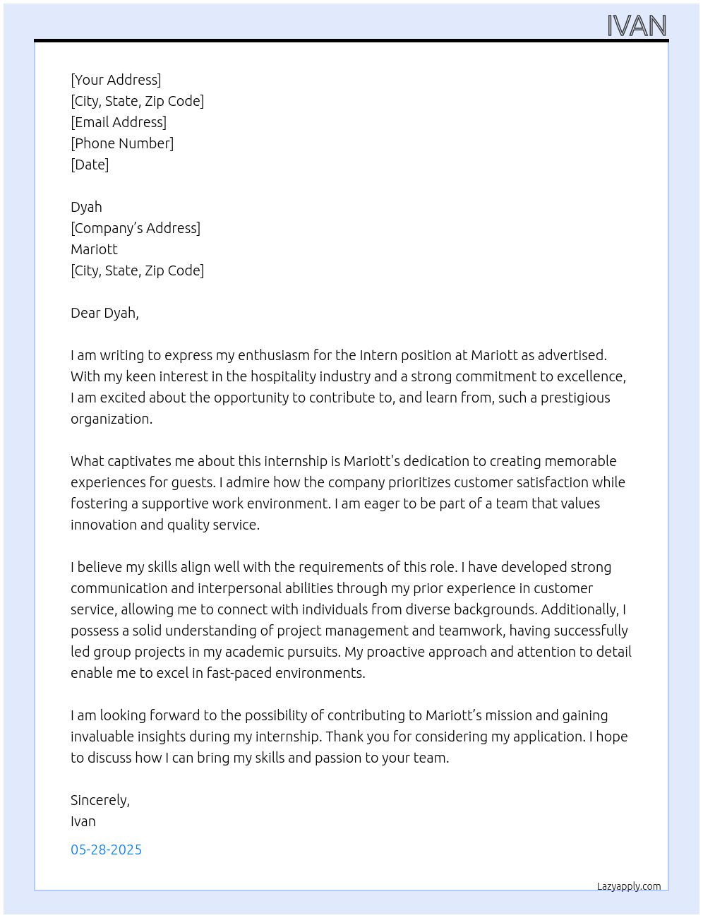 Intern At Mariott Cover Letter