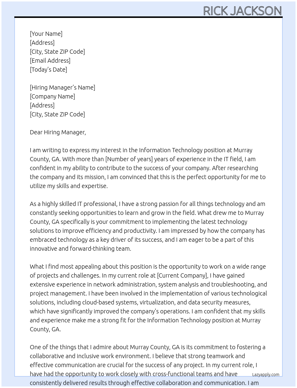 Information Technology At Murray County, GA Cover Letter