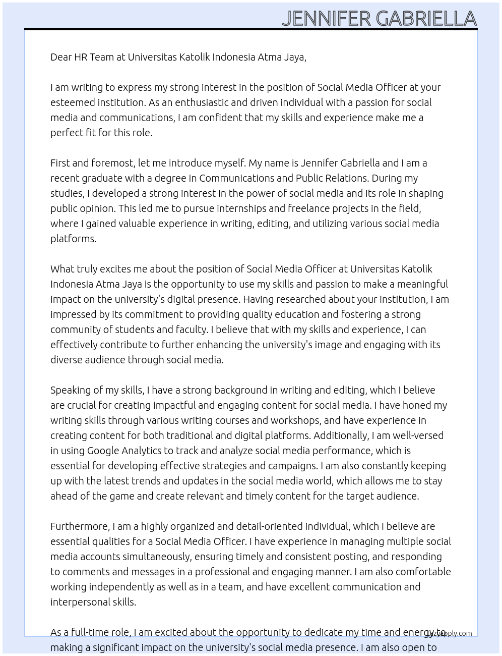 social media officer At Universitas Katolik Indonesia Atma Jaya Cover Letter