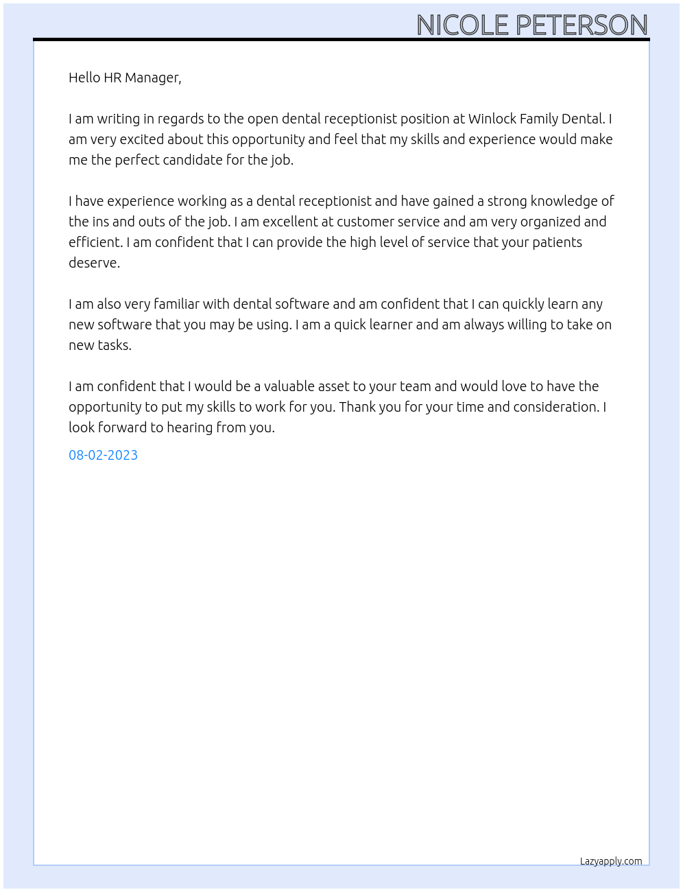 Dental Receptionist At Winlock Family Dental Cover Letter