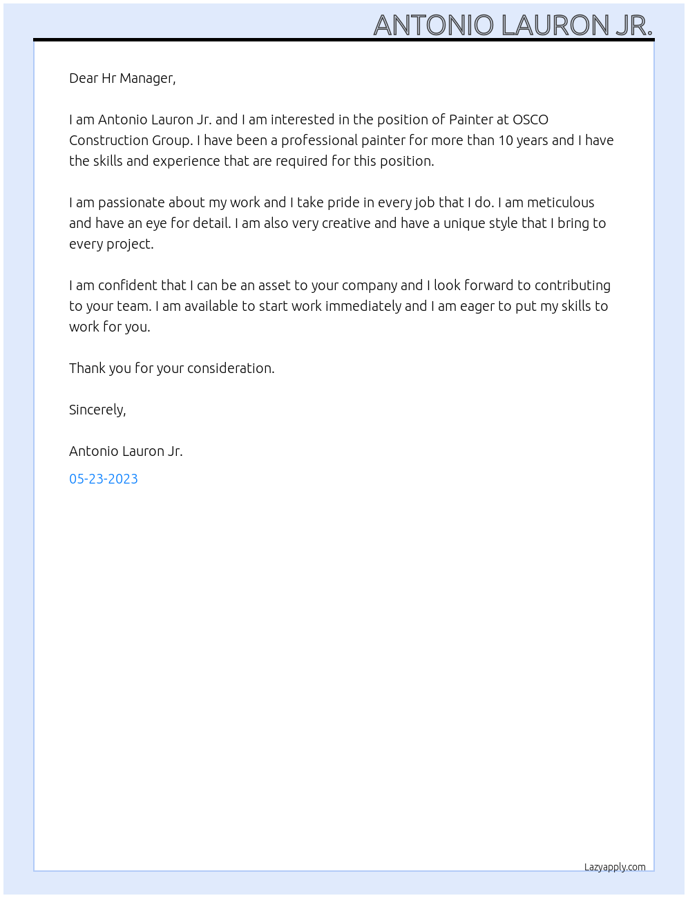 Painter At OSCO Construction Group Cover Letter