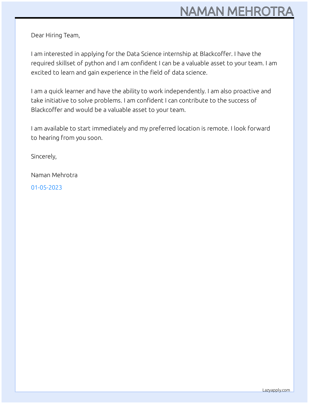 Data Science internship At Blackcoffer Cover Letter