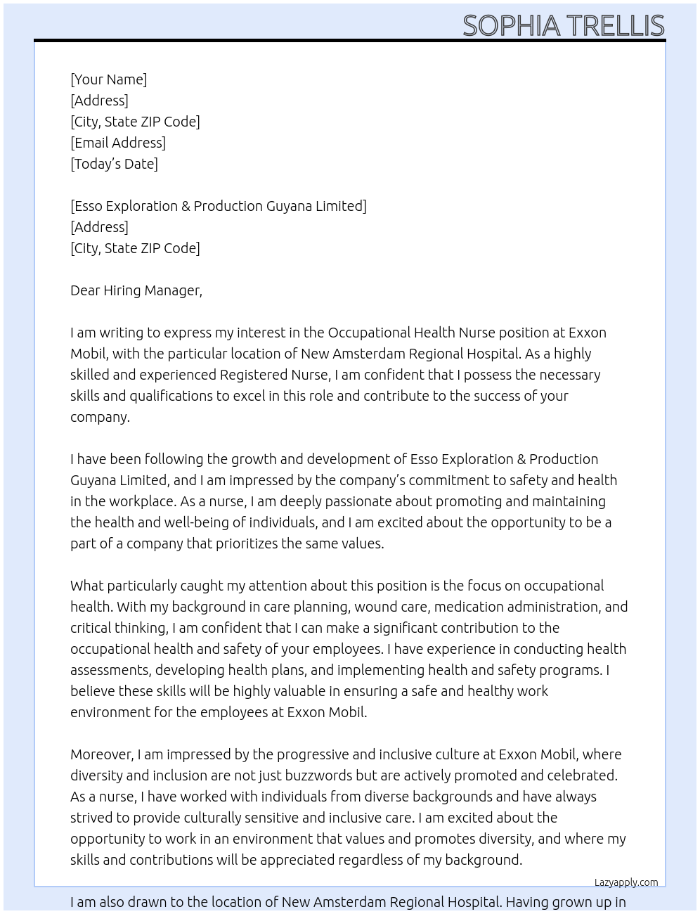 Occupational health nurse  At Exxon Mobil  Cover Letter