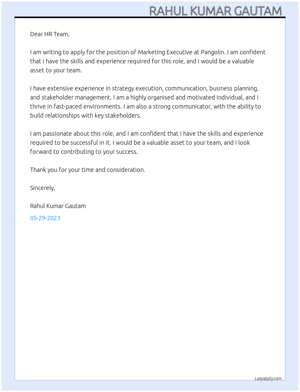 Marketing Executive  At pangoln Cover Letter