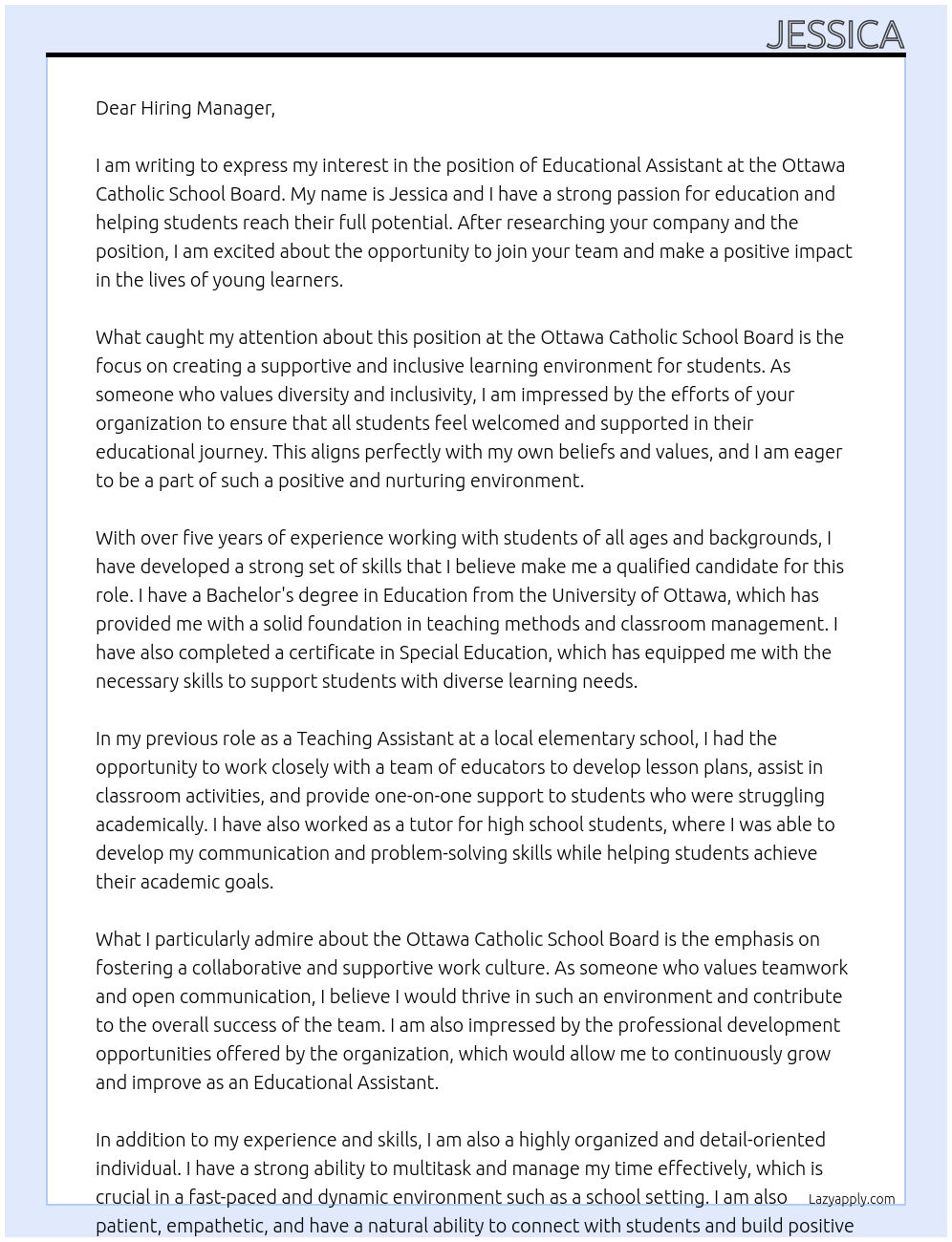 Educational Assistant At Ottawa Catholic School Board Cover Letter