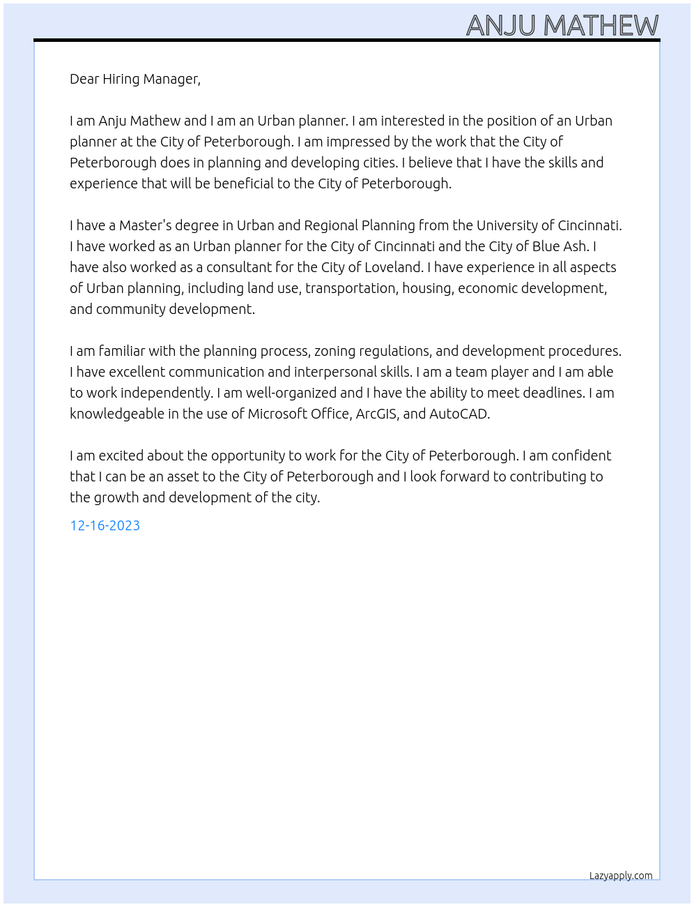 Urban planner At City of Peterborough Cover Letter