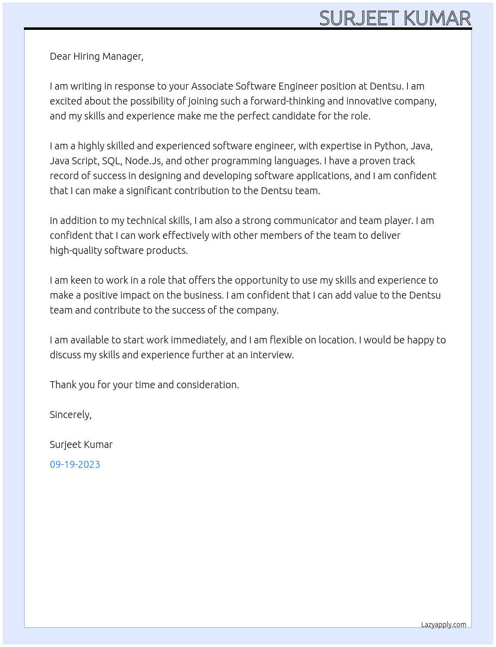 Associate Software Engineer At Dentsu  Cover Letter